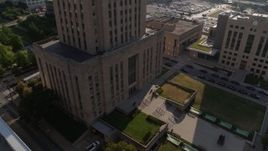5.7K aerial stock footage tilt from static view of city hall front steps at sunrise and orbit building, Downtown Kansas City, Missouri Aerial Stock Footage | DX0001_001268