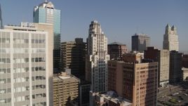 5.7K aerial stock footage of downtown skyscrapers at sunrise, Downtown Kansas City, Missouri Aerial Stock Footage | DX0001_001276