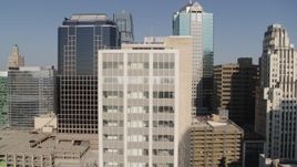 5.7K aerial stock footage stationary view of a downtown office building at sunrise, Downtown Kansas City, Missouri Aerial Stock Footage | DX0001_001281