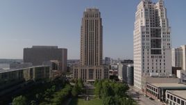 5.7K aerial stock footage flying toward city hall near a tall skyscraper in Downtown Kansas City, Missouri Aerial Stock Footage | DX0001_001290