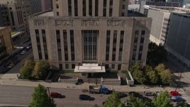 5.7K aerial stock footage flying away from entrance of city hall in Downtown Kansas City, Missouri Aerial Stock Footage | DX0001_001291