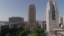 5.7K aerial stock footage approach city hall and tilt to the entrance in Downtown Kansas City, Missouri Aerial Stock Footage | DX0001_001293