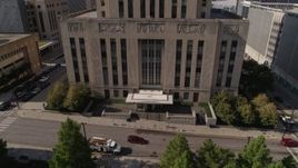 5.7K aerial stock footage of flying away from the city hall entrance in Downtown Kansas City, Missouri Aerial Stock Footage | DX0001_001296