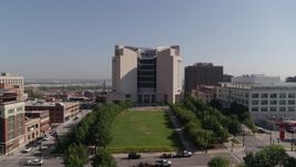 5.7K aerial stock footage fly over park to approach a federal courthouse in Downtown Kansas City, Missouri Aerial Stock Footage | DX0001_001302
