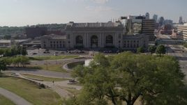5.7K aerial stock footage fly over fountain to approach historic train station in Kansas City, Missouri Aerial Stock Footage | DX0001_001310