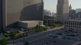 5.7K aerial stock footage fly away from entrance to a government office building in Downtown Kansas City, Missouri Aerial Stock Footage | DX0001_001328