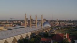 5.7K aerial stock footage flyby convention center, focus on concert hall at sunset in Downtown Kansas City, Missouri Aerial Stock Footage | DX0001_001349