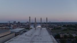 5.7K aerial stock footage fly over convention center and approach the concert hall at twilight in Downtown Kansas City, Missouri Aerial Stock Footage | DX0001_001376
