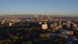 5.7K aerial stock footage of downtown skyscrapers seen from apartment buildings at sunrise, Downtown Denver, Colorado Aerial Stock Footage | DX0001_001402