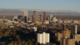 5.7K aerial stock footage of skyscrapers in Downtown Denver, Colorado at sunrise Aerial Stock Footage | DX0001_001411