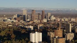 5.7K aerial stock footage of stationary view of tall skyscrapers in Downtown Denver, Colorado at sunrise Aerial Stock Footage | DX0001_001419