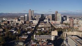 5.7K aerial stock footage flyby the city's skyscrapers, pause for stationary view in Downtown Denver, Colorado Aerial Stock Footage | DX0001_001426