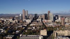 5.7K aerial stock footage of slowly flying away from skyscrapers in Downtown Denver, Colorado Aerial Stock Footage | DX0001_001435