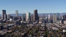 5.7K aerial stock footage of a reverse view of the city's skyline in Downtown Denver, Colorado Aerial Stock Footage | DX0001_001446