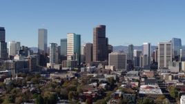 5.7K aerial stock footage stationary and reverse view of the city's skyscrapers in Downtown Denver, Colorado Aerial Stock Footage | DX0001_001450