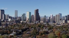5.7K aerial stock footage of skyscrapers in Downtown Denver, Colorado, skyline seen while descending Aerial Stock Footage | DX0001_001457