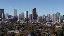 5.7K aerial stock footage of skyscrapers in Downtown Denver skyline, Colorado, seen during slow descent Aerial Stock Footage | DX0001_001461