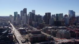 5.7K aerial stock footage of a slow approach and stationary view of skyline in Downtown Denver, Colorado Aerial Stock Footage | DX0001_001474