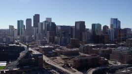 5.7K aerial stock footage of a stationary view and flyby of skyline in Downtown Denver, Colorado Aerial Stock Footage | DX0001_001478