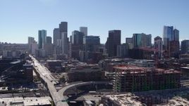 5.7K aerial stock footage of skyline seen while flying near Coors Field in Downtown Denver, Colorado Aerial Stock Footage | DX0001_001480