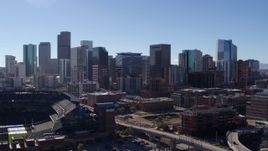 5.7K aerial stock footage of skyline seen from near Coors Field in Downtown Denver, Colorado Aerial Stock Footage | DX0001_001481