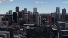 5.7K aerial stock footage of a reverse view of the city's skyline seen from an office building in Downtown Denver, Colorado Aerial Stock Footage | DX0001_001509