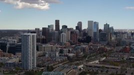 5.7K aerial stock footage of the city skyline seen from near residential skyscraper in Downtown Denver, Colorado Aerial Stock Footage | DX0001_001512