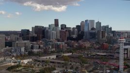 5.7K aerial stock footage of a view of skyline while making a slow descent in Downtown Denver, Colorado Aerial Stock Footage | DX0001_001517