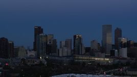 5.7K aerial stock footage of the city's downtown skyscrapers by convention center at twilight, Downtown Denver, Colorado Aerial Stock Footage | DX0001_001591