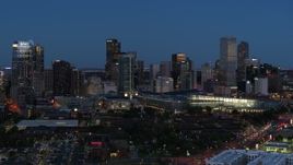 5.7K aerial stock footage slow flyby of the city's skyscrapers and convention center at twilight, Downtown Denver, Colorado Aerial Stock Footage | DX0001_001599