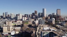 5.7K aerial stock footage flyby and away from the city's skyline, seen from office buildings, Downtown Denver, Colorado Aerial Stock Footage | DX0001_001675