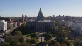 5.7K aerial stock footage of a reverse view of the Colorado State Capitol building in Downtown Denver, Colorado Aerial Stock Footage | DX0001_001679