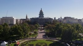 5.7K aerial stock footage of the Colorado State Capitol while descending toward park, Downtown Denver, Colorado Aerial Stock Footage | DX0001_001683