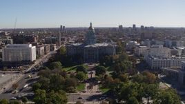 5.7K aerial stock footage ascend from park for stationary view of the Colorado State Capitol, Downtown Denver, Colorado Aerial Stock Footage | DX0001_001684