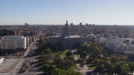 5.7K aerial stock footage of flying by the Colorado State Capitol, Downtown Denver, Colorado Aerial Stock Footage | DX0001_001685