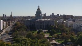 5.7K aerial stock footage flyby the Colorado State Capitol during descent, Downtown Denver, Colorado Aerial Stock Footage | DX0001_001707