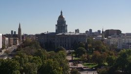 5.7K aerial stock footage flyby the Colorado State Capitol during slight ascent, Downtown Denver, Colorado Aerial Stock Footage | DX0001_001710