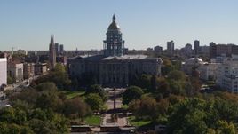5.7K aerial stock footage of the Colorado State Capitol during descent to stationary view, Downtown Denver, Colorado Aerial Stock Footage | DX0001_001711