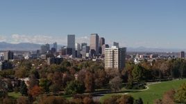 5.7K aerial stock footage of the city's skyline, seen from park with trees, Downtown Denver, Colorado Aerial Stock Footage | DX0001_001731