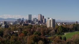 5.7K aerial stock footage the city's skyline seen during descent to park, Downtown Denver, Colorado Aerial Stock Footage | DX0001_001736