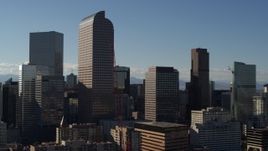 5.7K aerial stock footage Wells Fargo Center and nearby skyscrapers in Downtown Denver, Colorado Aerial Stock Footage | DX0001_001771