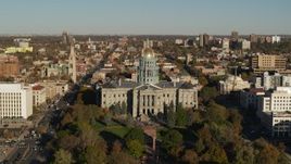 5.7K aerial stock footage of slowly flying by Colorado State Capitol and tree-lined park in Downtown Denver, Colorado Aerial Stock Footage | DX0001_001784