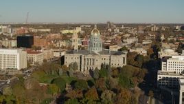5.7K aerial stock footage of slowly passing by Colorado State Capitol and tree-lined park in Downtown Denver, Colorado Aerial Stock Footage | DX0001_001785