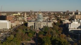 5.7K aerial stock footage of slow reverse from Colorado State Capitol and tree-lined park in Downtown Denver, Colorado Aerial Stock Footage | DX0001_001786