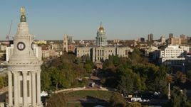 5.7K aerial stock footage focus on the Colorado State Capitol, reveal clock tower in Downtown Denver, Colorado Aerial Stock Footage | DX0001_001793