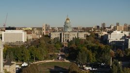 5.7K aerial stock footage of the Colorado State Capitol, reveal clock tower in Downtown Denver, Colorado Aerial Stock Footage | DX0001_001794