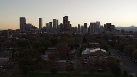 5.7K aerial stock footage of approaching the city's skyline at sunset, Downtown Denver, Colorado Aerial Stock Footage | DX0001_001855