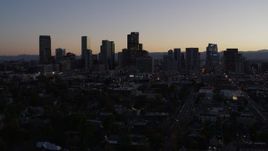 5.7K aerial stock footage of the city's skyline at twilight while flying away, Downtown Denver, Colorado Aerial Stock Footage | DX0001_001862