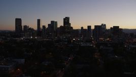 5.7K aerial stock footage of a stationary view of the city's skyline at twilight, Downtown Denver, Colorado Aerial Stock Footage | DX0001_001875