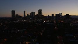 5.7K aerial stock footage of the city's skyline at twilight during descent, Downtown Denver, Colorado Aerial Stock Footage | DX0001_001882